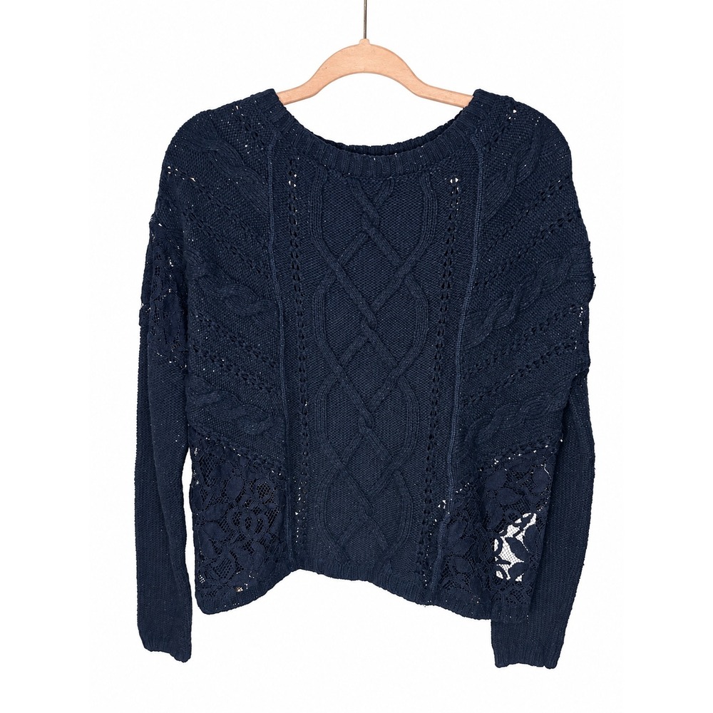 Hollister Navy Blue Cable Knit Lace Panel Sweater Preppy Large Crew Neck Long Sl